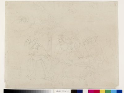 Potloodschets van een deel van de fresco van De Vrienden van Job in de Camposanto, Pisa, toegeschreven aan Taddeo Gaddi, 14 - 16 mei 1845 door John Ruskin